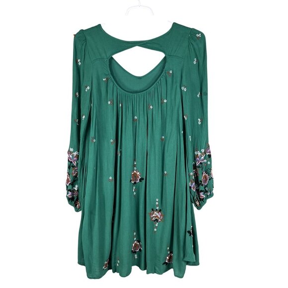Free People Womens L Green Gauzy Dress Embroidered Boho Hippie Cottagecore Flowy - Picture 9 of 16